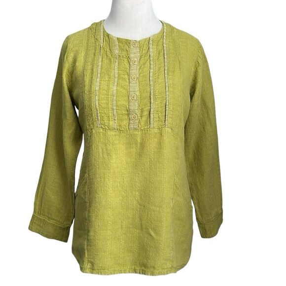 FLAX 100% LINEN “ I Am Happy” Embroidered Long Sleeve Top Lime Green Size S - Picture 1 of 9